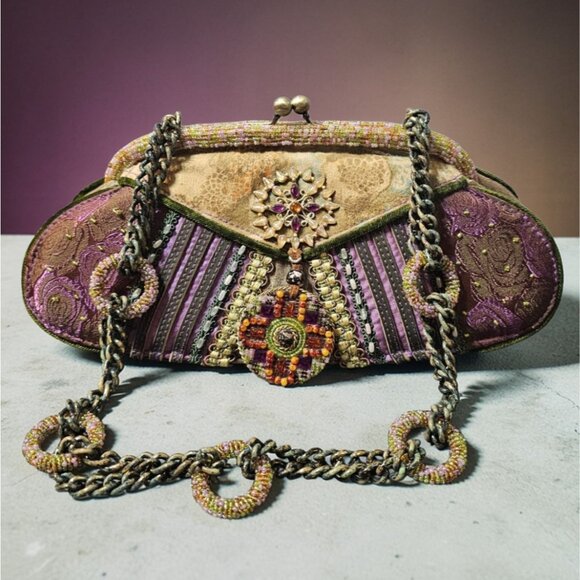 Mary Frances Vintage Beaded Silk Clutch Purse With Brooch Accent & Chain Strap